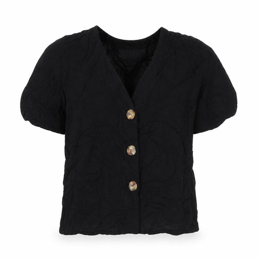 Front view of ASOS women’s black viscose basic button-up, size UK 6, v-neck