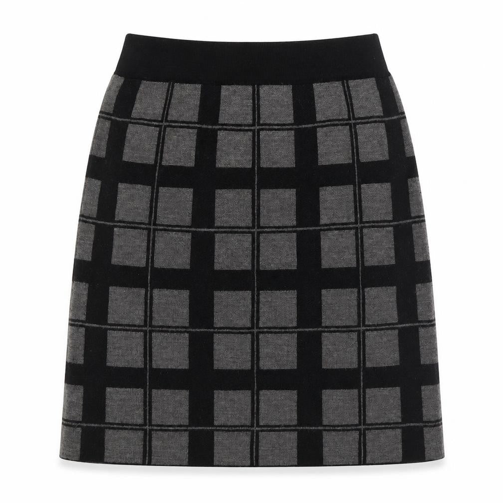 Front view of Kenar women’s grey check acrylic a-line skirt, size S, - elasticated waist