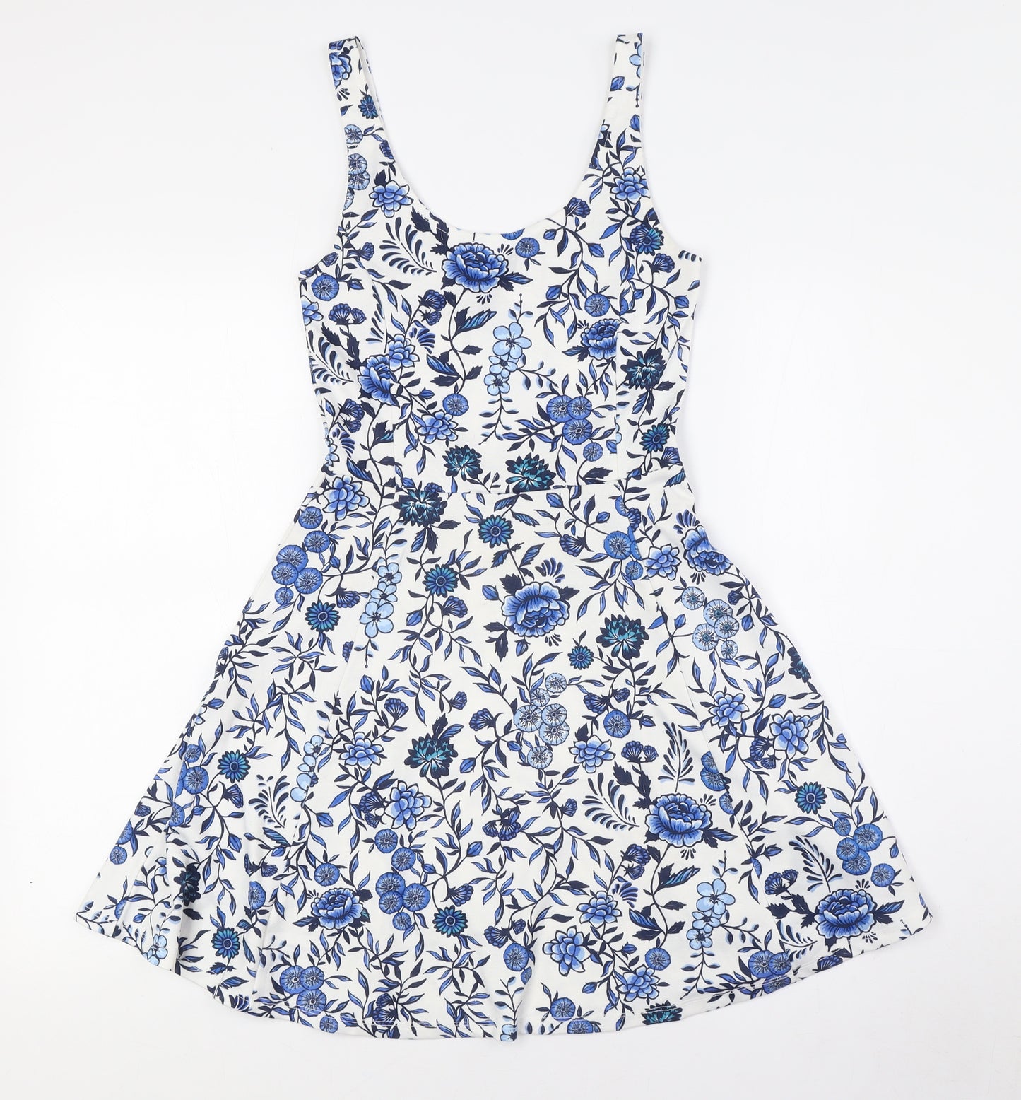 Divided by H&M Womens White Floral Polyester A-Line Size 6 Scoop Neck - Blue Flowers