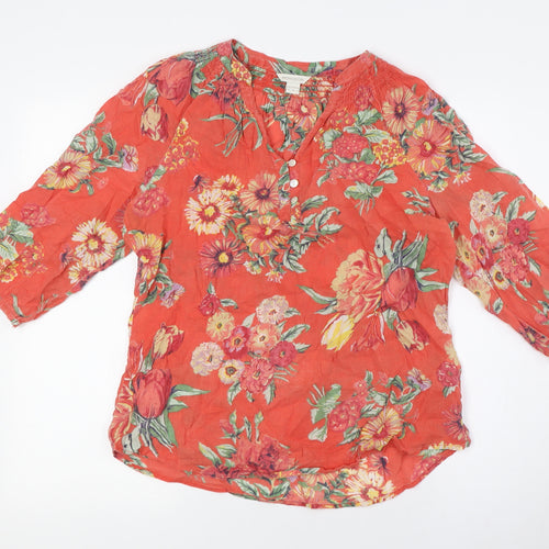Monsoon Womens Orange Floral Cotton Basic Button-Up Size 12 V-Neck