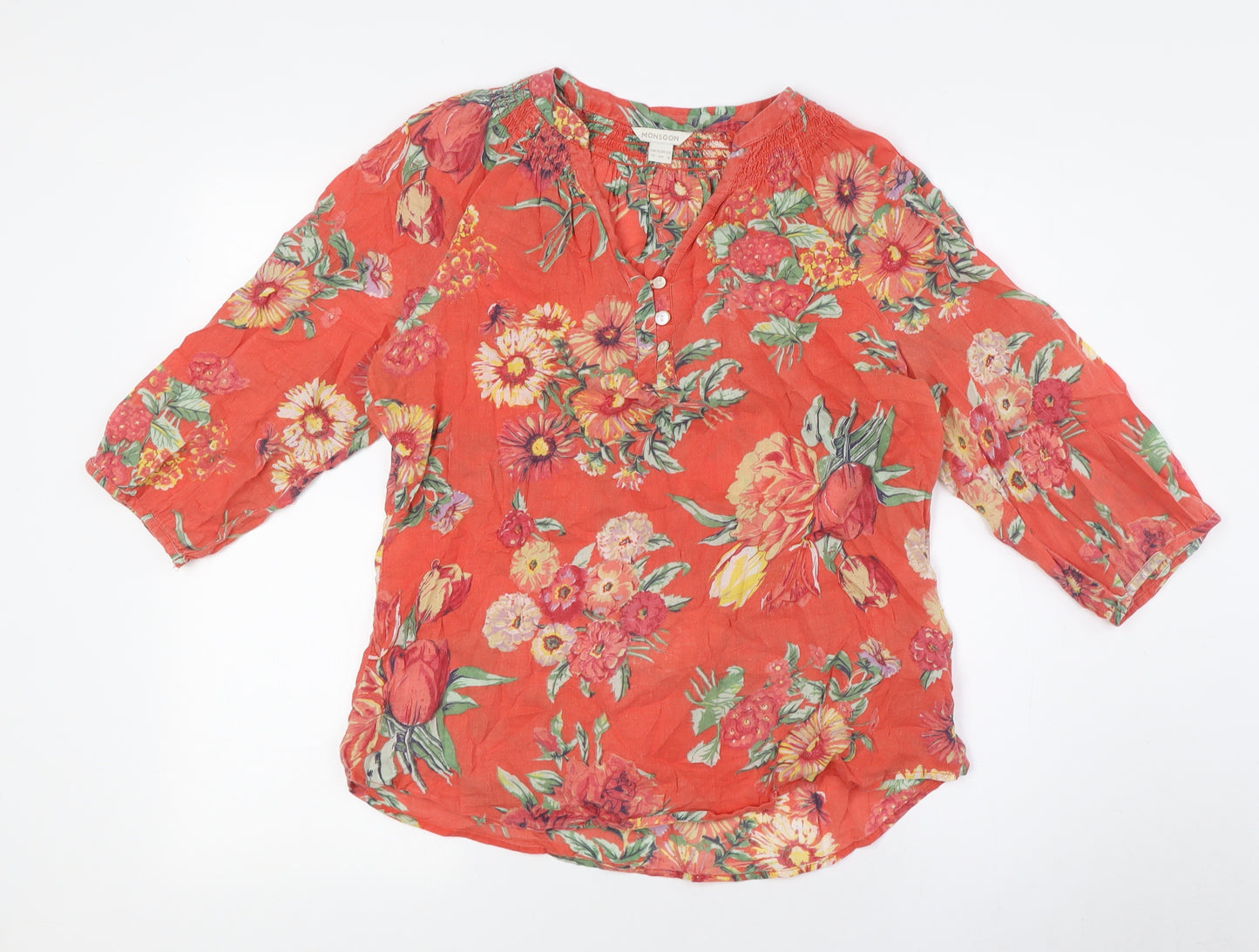 Monsoon Womens Orange Floral Cotton Basic Button-Up Size 12 V-Neck