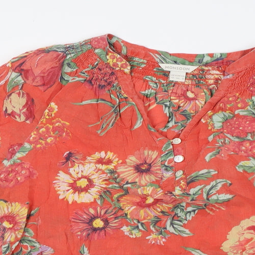 Monsoon Womens Orange Floral Cotton Basic Button-Up Size 12 V-Neck