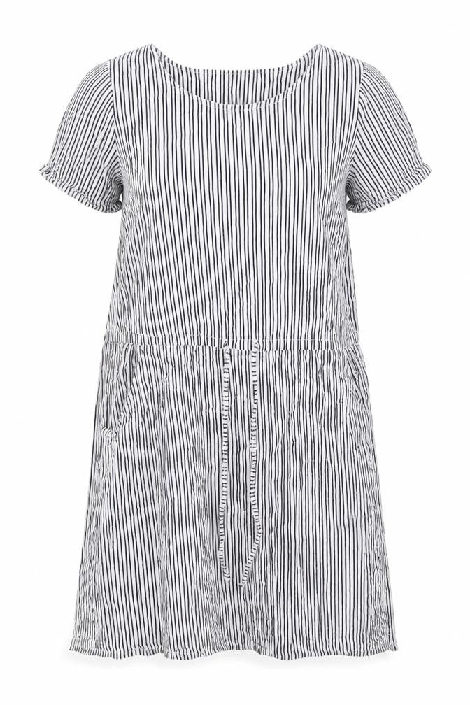 Front view of BHS women’s white striped cotton a-line, size UK 12, round neck - pull waist