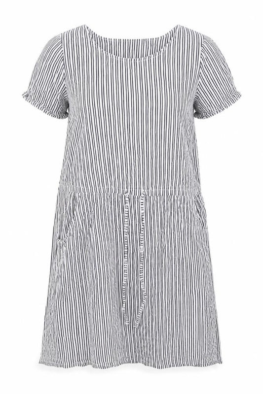 Front view of BHS women’s white striped cotton a-line, size UK 12, round neck - pull waist