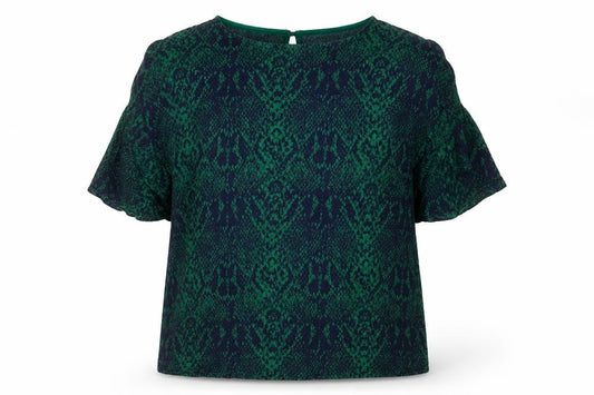 Front view of Denim Hunter women’s green animal print viscose basic button-up, size UK 10, boat neck
