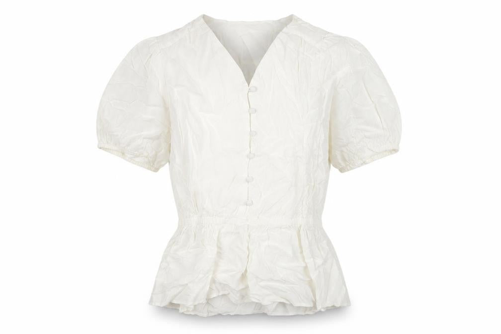 Front view of Marks & Spencer women’s ivory polyester basic button-up, size UK 8, v-neck