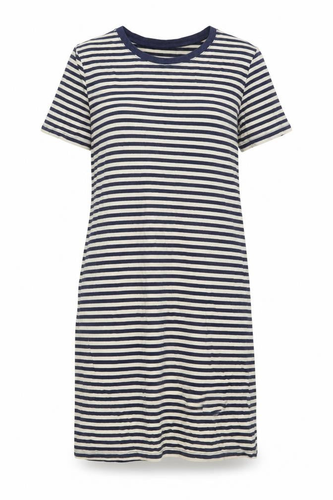 Front view of H&M women’s blue striped cotton a-line, size M, crew neck