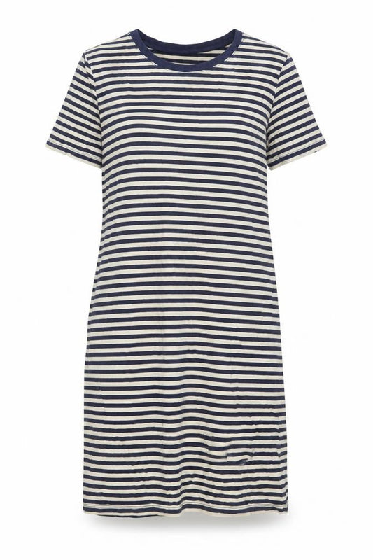 Front view of H&M women’s blue striped cotton a-line, size M, crew neck