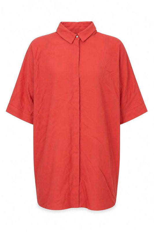 Front view of WYNNE LAYERS women’s orange polyester basic button-up, size S, collared