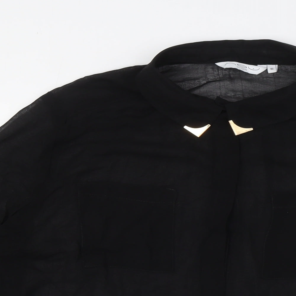 New Look Womens Black Polyester Basic Button-Up Size 16 Collared - Sheer, Metal Tip Collar