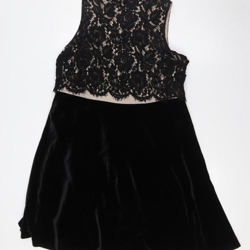 NEXT Womens Black Polyester A-Line Size 16 Mock Neck Zip - Lace Overlay