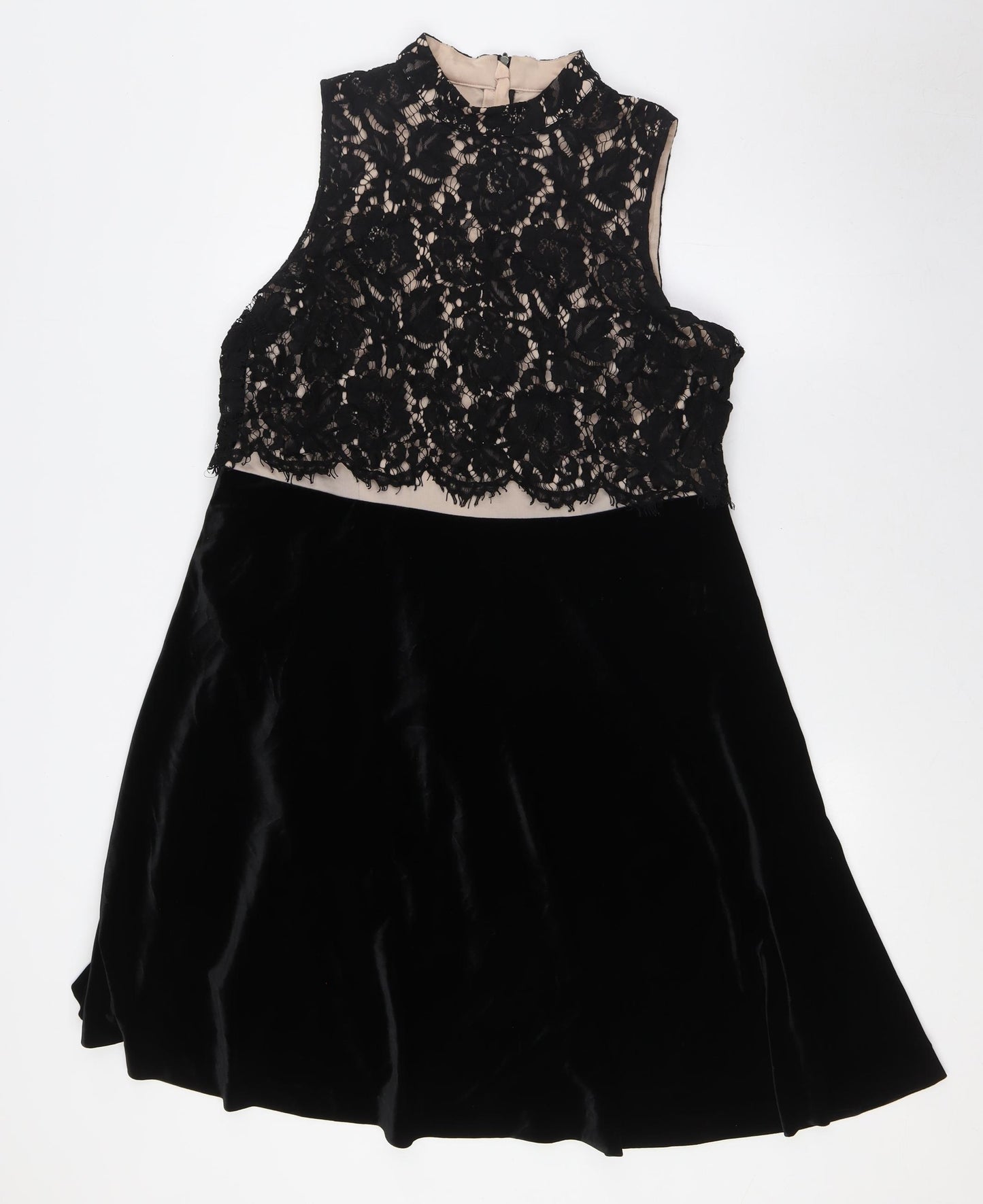 NEXT Womens Black Polyester A-Line Size 16 Mock Neck Zip - Lace Overlay