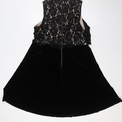 NEXT Womens Black Polyester A-Line Size 16 Mock Neck Zip - Lace Overlay