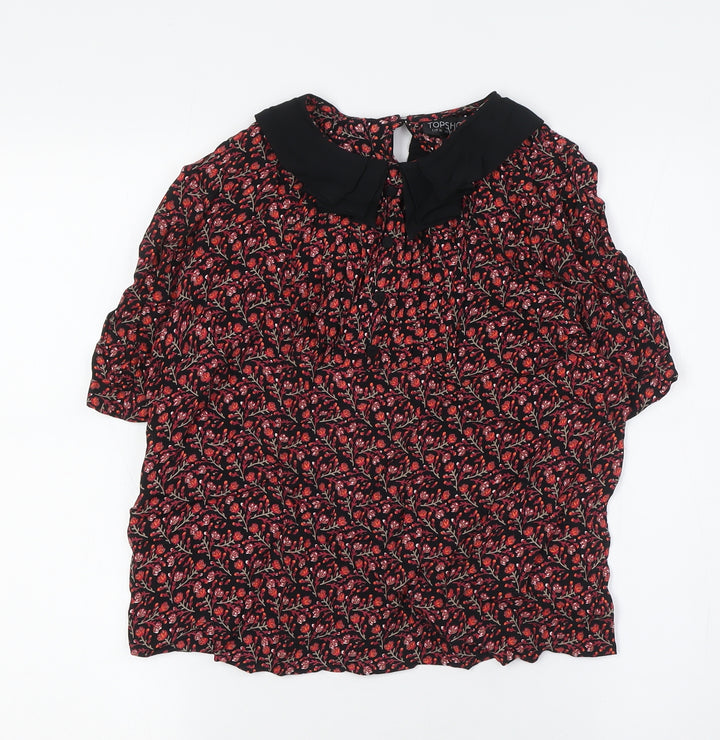 Topshop Womens Black Floral Viscose Basic Button-Up Size 8 Collared