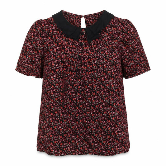 Front view of Topshop women’s black floral viscose basic button-up, size UK 8, collared