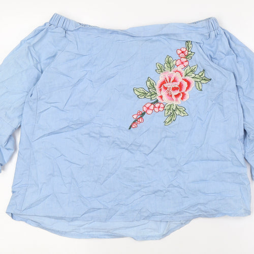 Stella Womens Blue Cotton Basic Button-Up Size 10 Off the Shoulder - Embroidery