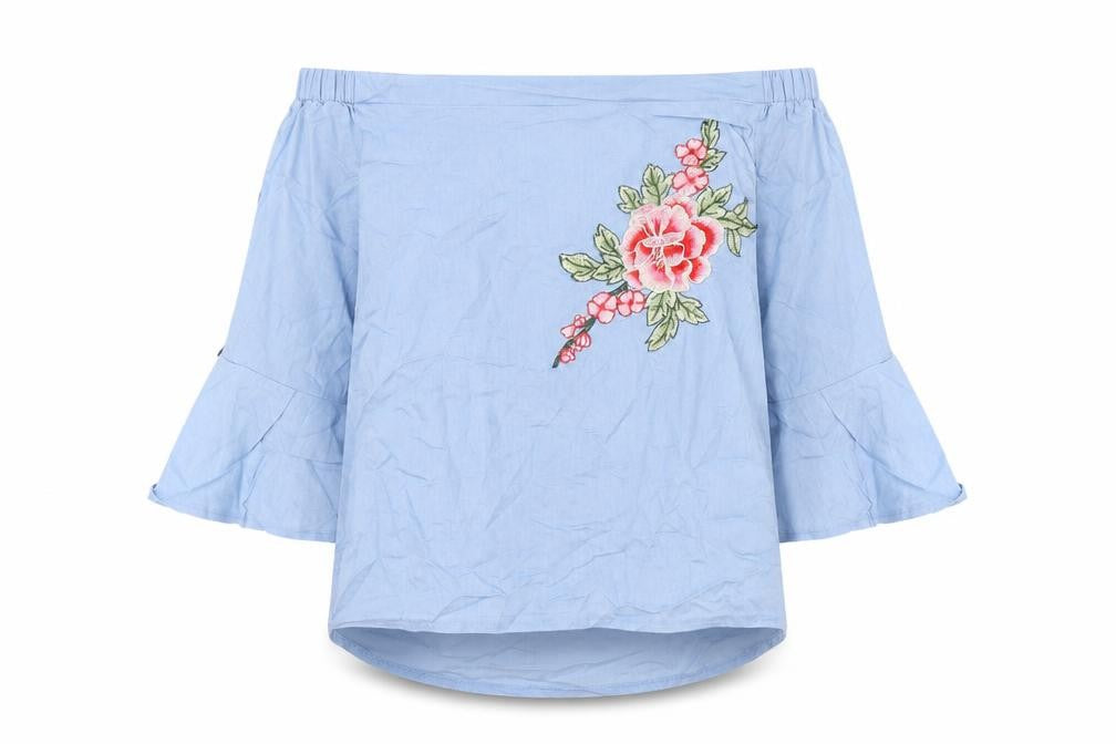 Front view of Stella women’s blue cotton basic button-up, size UK 10, off the shoulder - embroidery