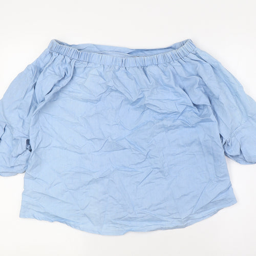 Stella Womens Blue Cotton Basic Button-Up Size 10 Off the Shoulder - Embroidery