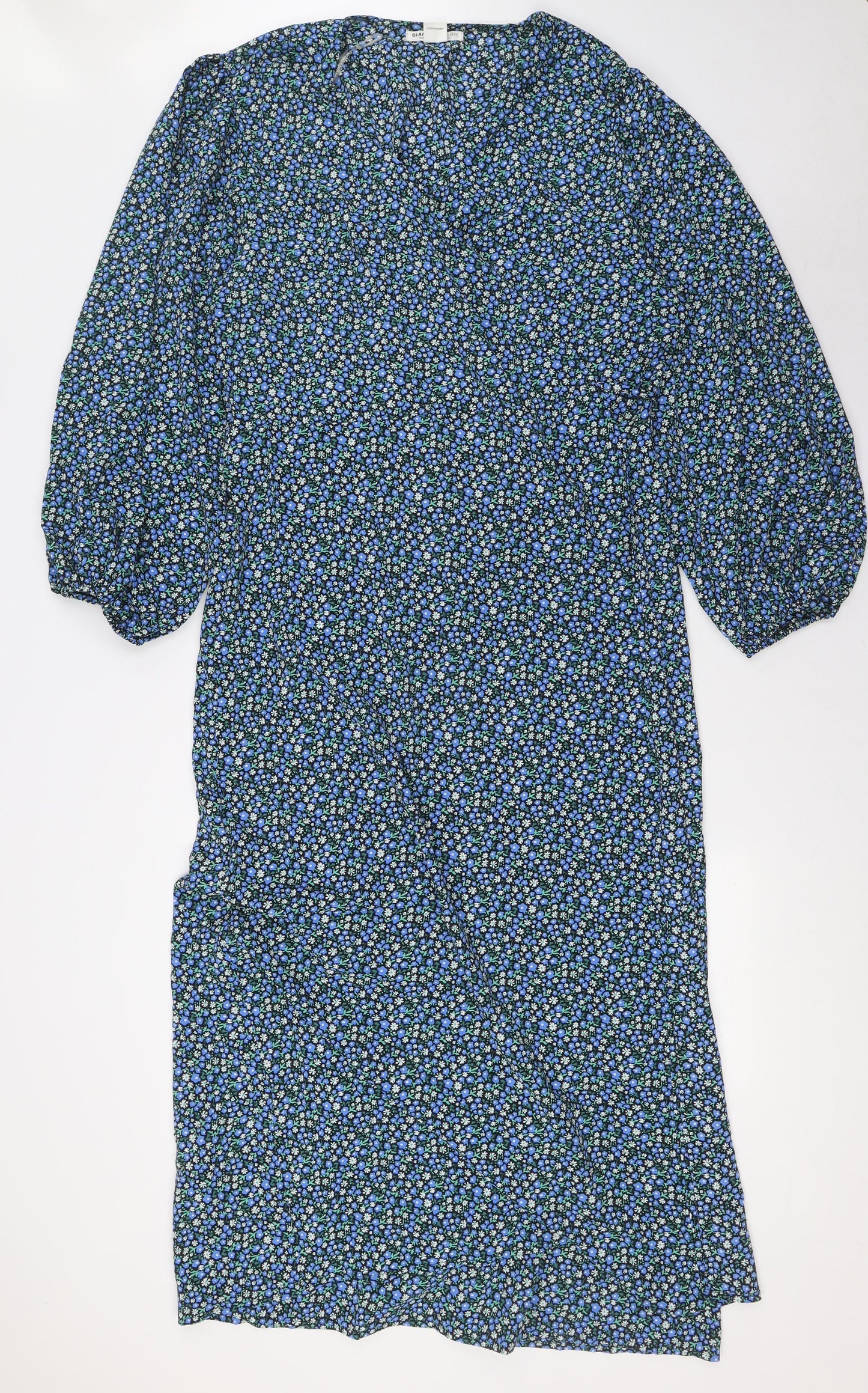 Glamourous Curve Womens Blue Floral Polyester Wrap Dress Size 24 V-Neck Tie