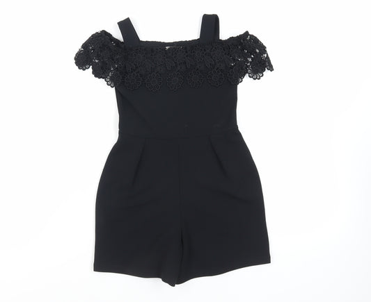 Lipsy Girls Black Polyester Playsuit One-Piece Size 5-6 Years Pullover - Crocheted Lace Detail