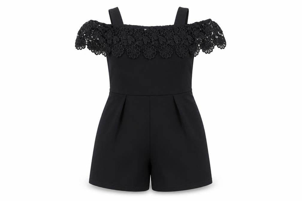 Lipsy Girls Black Polyester Playsuit One-Piece Size 5-6 Years Pullover - Crocheted Lace Detail