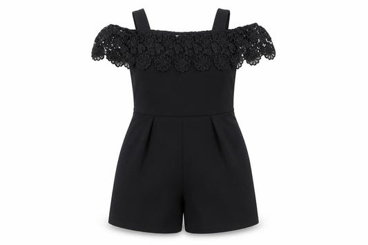 Lipsy Girls Black Polyester Playsuit One-Piece Size 5-6 Years Pullover - Crocheted Lace Detail