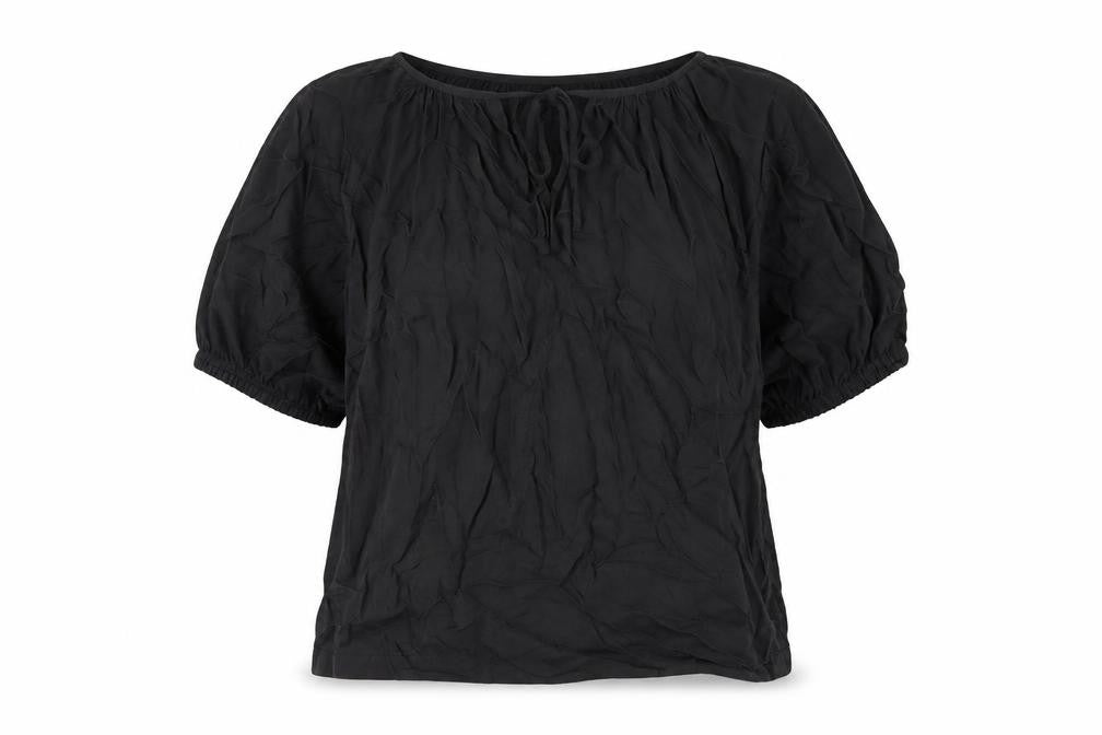 Front view of Autograph women’s black cupro basic blouse, size UK 14, round neck