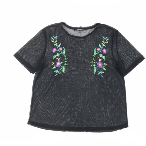 Zara Womens Black Polyester Basic T-Shirt Size S Crew Neck - Embroidered Sheer