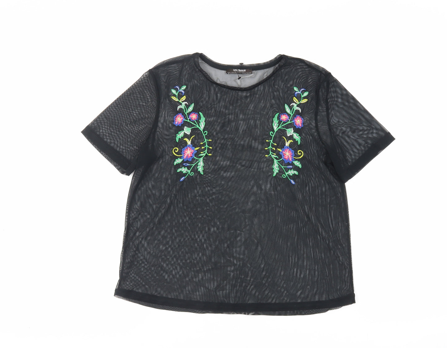 Zara Womens Black Polyester Basic T-Shirt Size S Crew Neck - Embroidered Sheer
