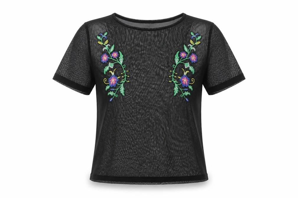 Front view of Zara women’s black polyester basic t-shirt, size S, crew neck - embroidered sheer