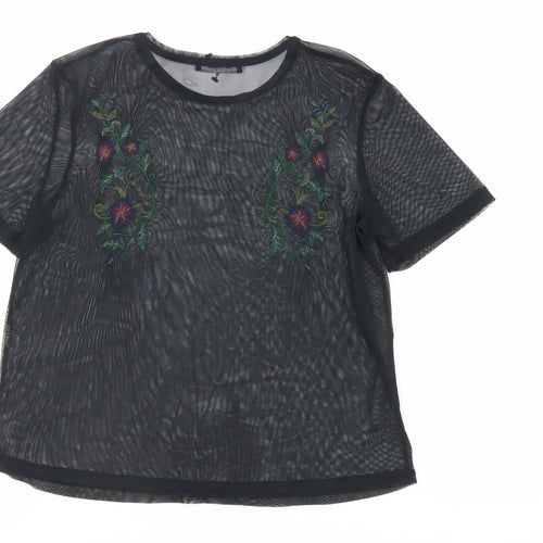 Zara Womens Black Polyester Basic T-Shirt Size S Crew Neck - Embroidered Sheer