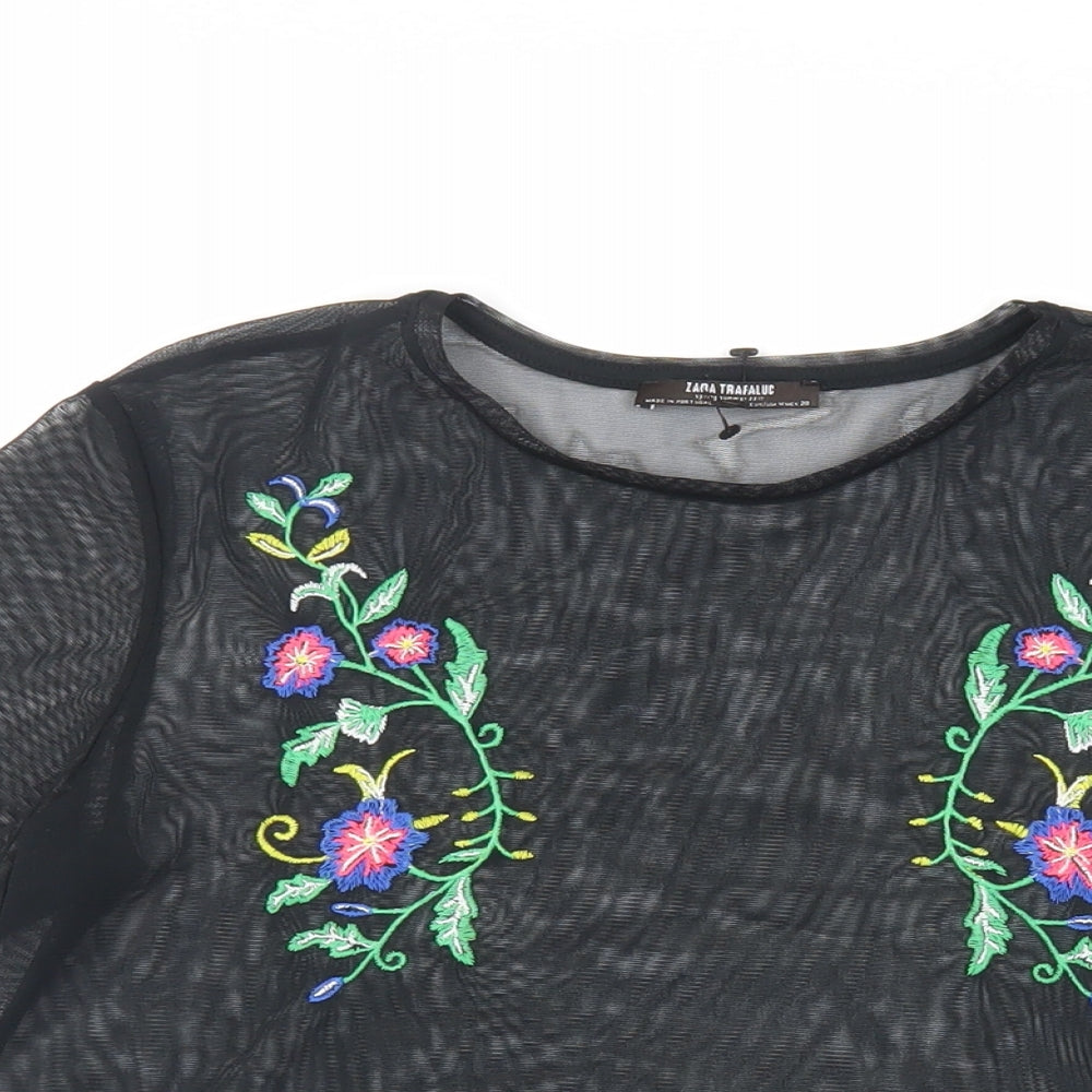 Zara Womens Black Polyester Basic T-Shirt Size S Crew Neck - Embroidered Sheer