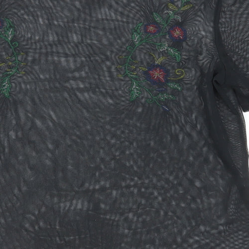 Zara Womens Black Polyester Basic T-Shirt Size S Crew Neck - Embroidered Sheer