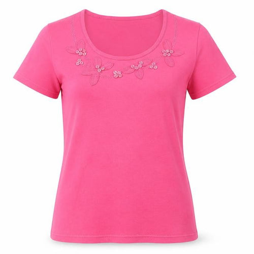EWM Womens Pink Cotton Basic T-Shirt Size 10 Round Neck - Neckline Detail