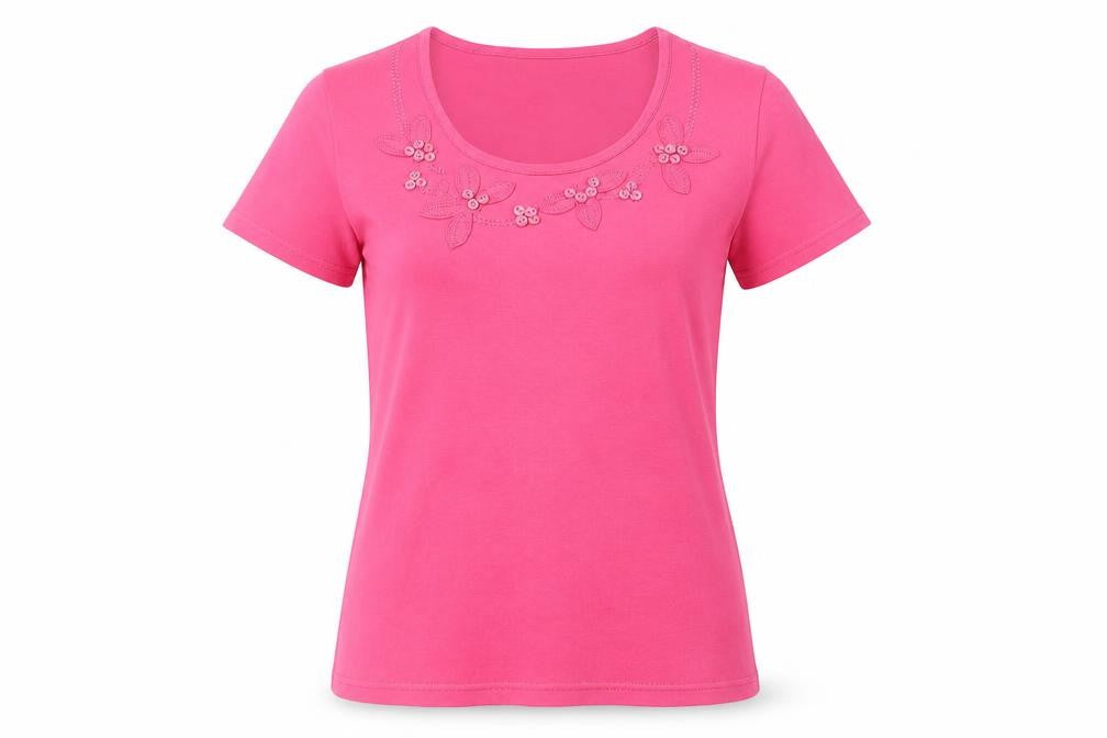 EWM Womens Pink Cotton Basic T-Shirt Size 10 Round Neck - Neckline Detail