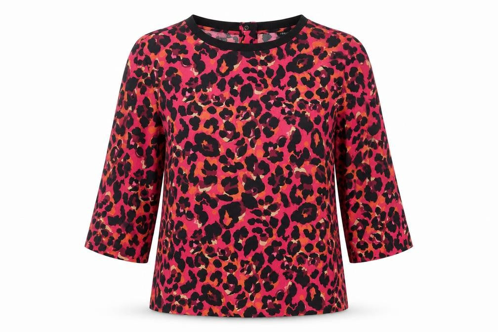Front view of Next women’s pink animal print viscose basic blouse, size UK 10, crew neck