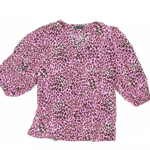 Marks and Spencer Womens Pink Animal Print Viscose Basic Button-Up Size 12 V-Neck