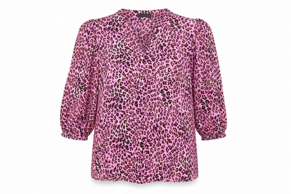 Front view of Marks & Spencer women’s pink animal print viscose basic button-up, size UK 12, v-neck