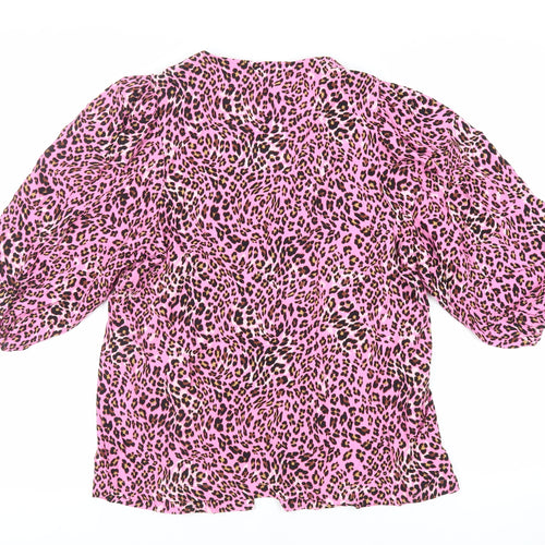 Marks and Spencer Womens Pink Animal Print Viscose Basic Button-Up Size 12 V-Neck