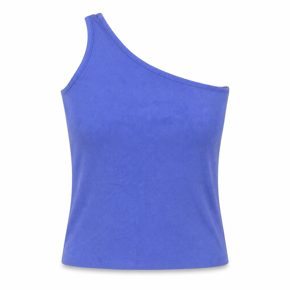 Front view of Marks & Spencer women’s blue cotton basic tank, size UK 20, one shoulder - ribbed