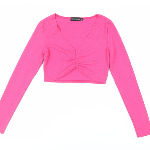 PRETTYLITTLETHING Womens Pink Polyester Cropped Blouse Size 8 V-Neck