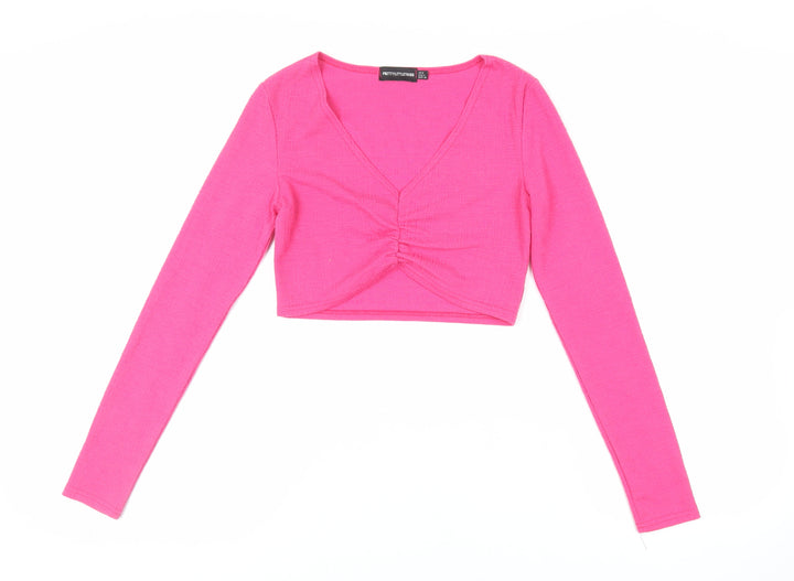 PRETTYLITTLETHING Womens Pink Polyester Cropped Blouse Size 8 V-Neck