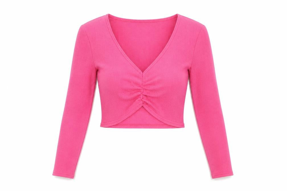 Front view of PRETTYLITTLETHING women’s pink polyester cropped blouse, size UK 8, v-neck