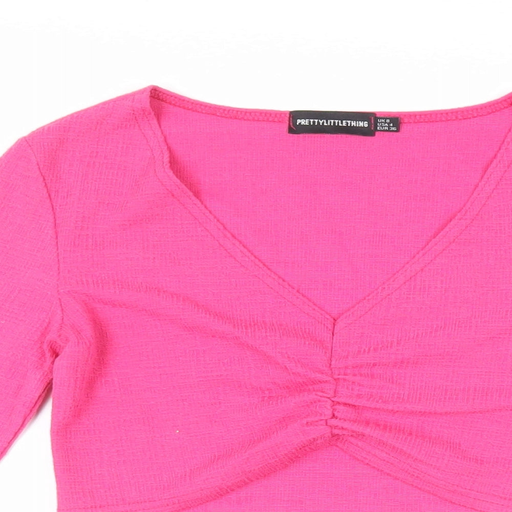 PRETTYLITTLETHING Womens Pink Polyester Cropped Blouse Size 8 V-Neck