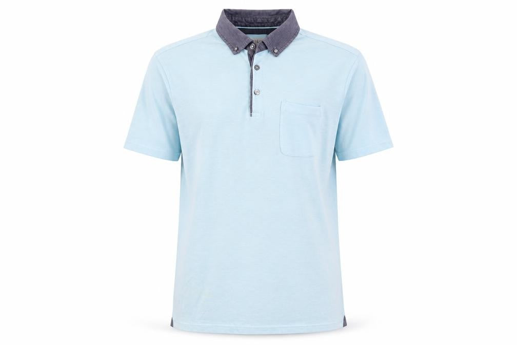 Front view of Marks & Spencer men’s blue cotton polo, size S, collared button