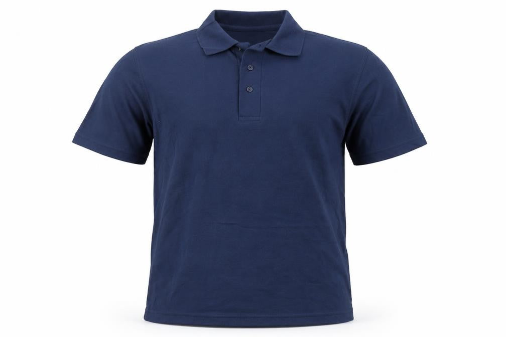 Front view of Blue Max men’s blue polyester polo, size S, collared button