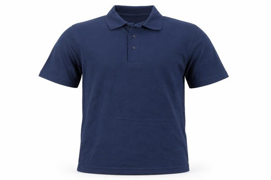 Front view of Blue Max men’s blue polyester polo, size S, collared button
