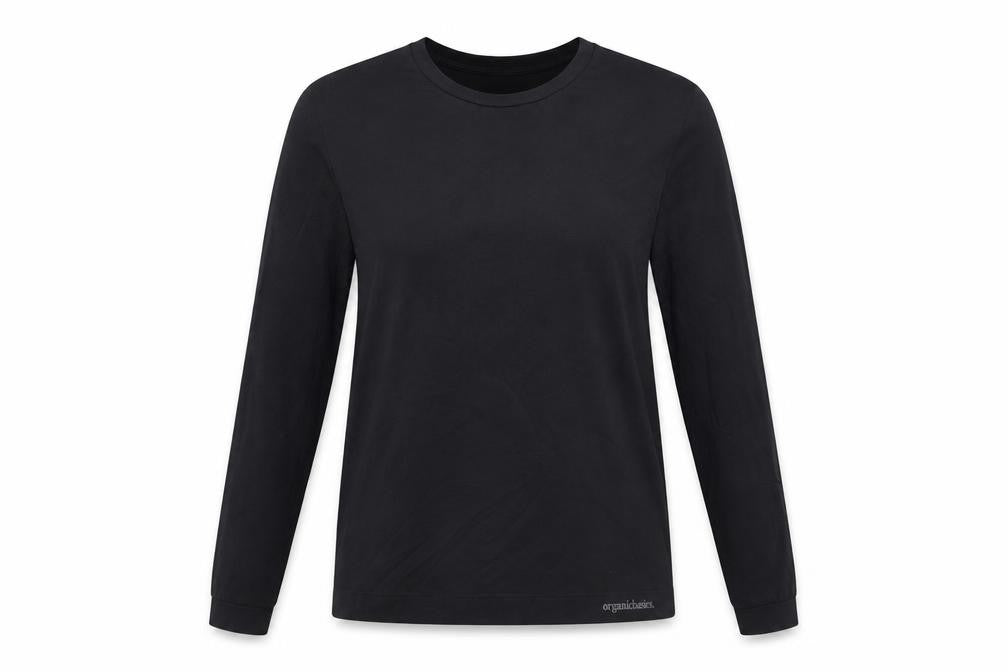 Front view of Organic Basics women’s black nylon basic t-shirt, size XL, crew neck pullover - gym workout running