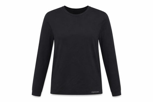 Front view of Organic Basics women’s black nylon basic t-shirt, size XL, crew neck pullover - gym workout running
