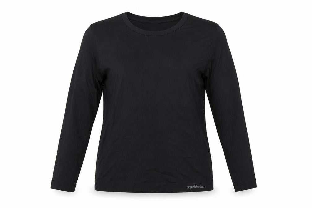 Front view of Organic Basics women’s black nylon basic t-shirt, size XL, crew neck pullover - gym workout running